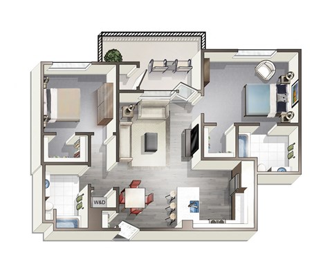Floor plan for 2 beds, 2 baths, 961 sqft